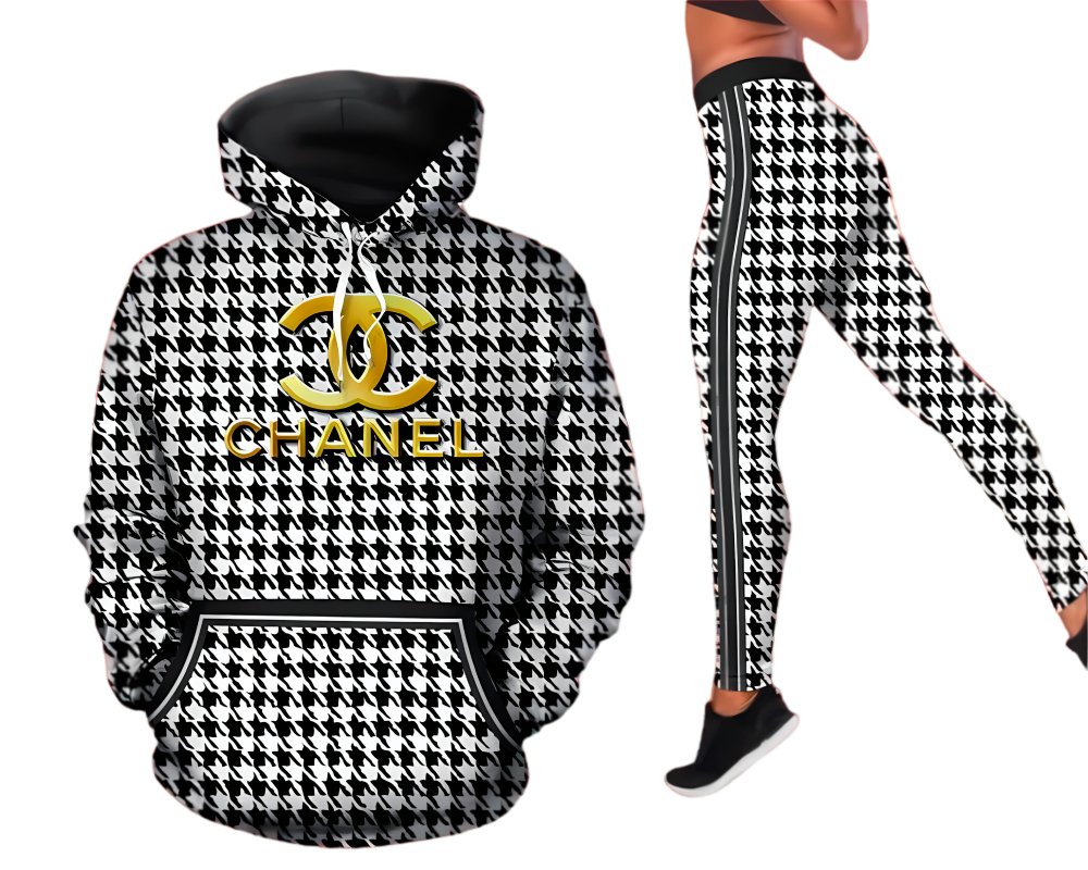 Chanel Houndstooth Print Women's Workout Set Hoodie Leggings
