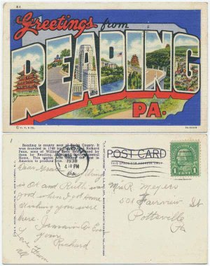 Reading, PA (Large Letter), c1937 Linen Postcard