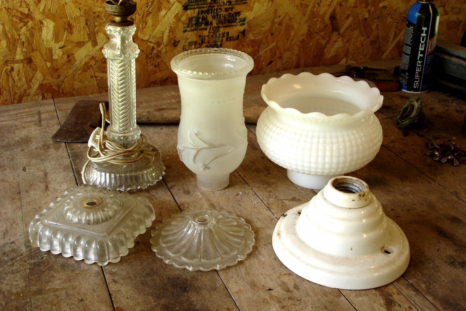 Lot of Antique Glass Lamp parts, globes, base, bobeche, repair lot