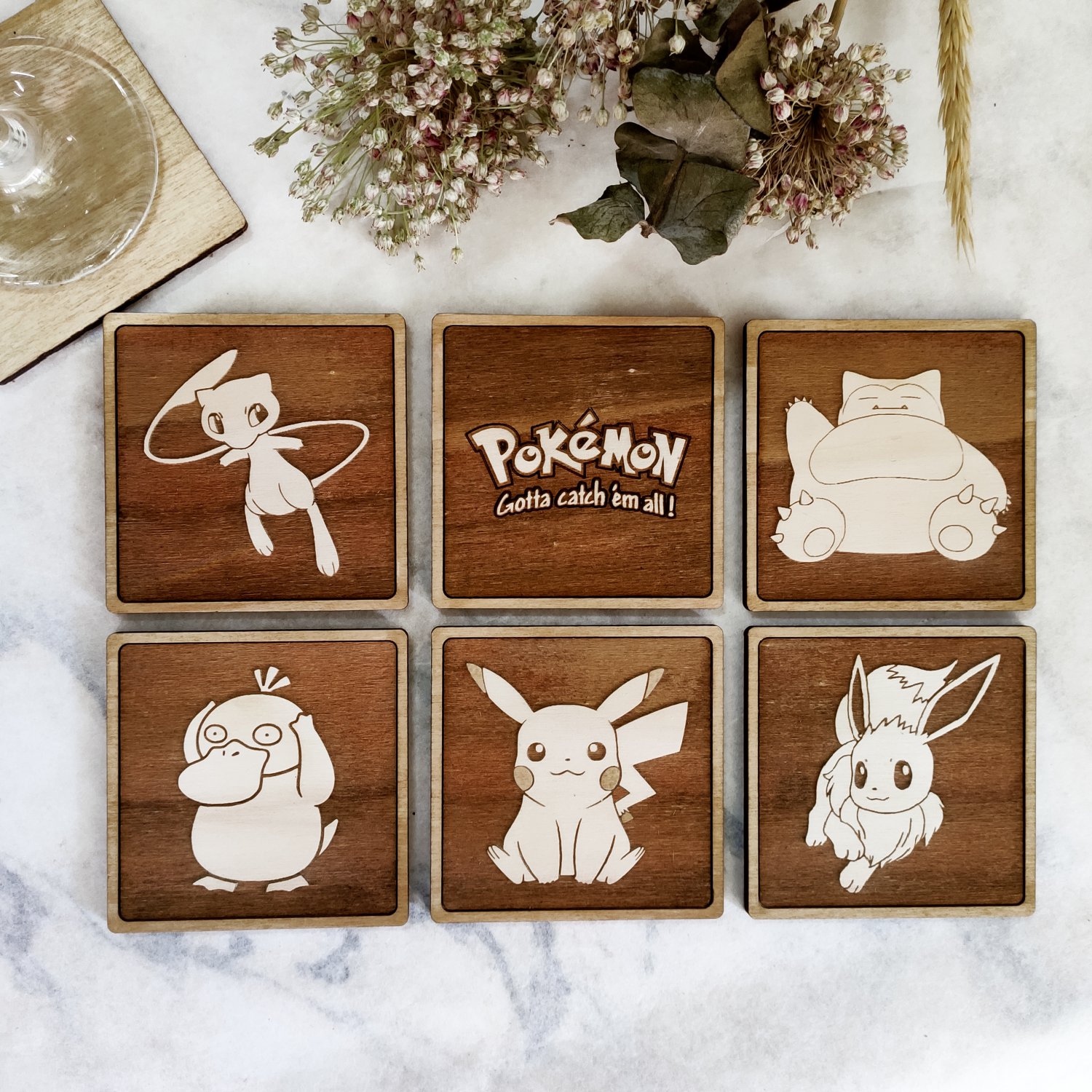 Set of 6 Pokemon Wooden Coasters Pikachu Wooden Coaster Handmade Housewarming Gift