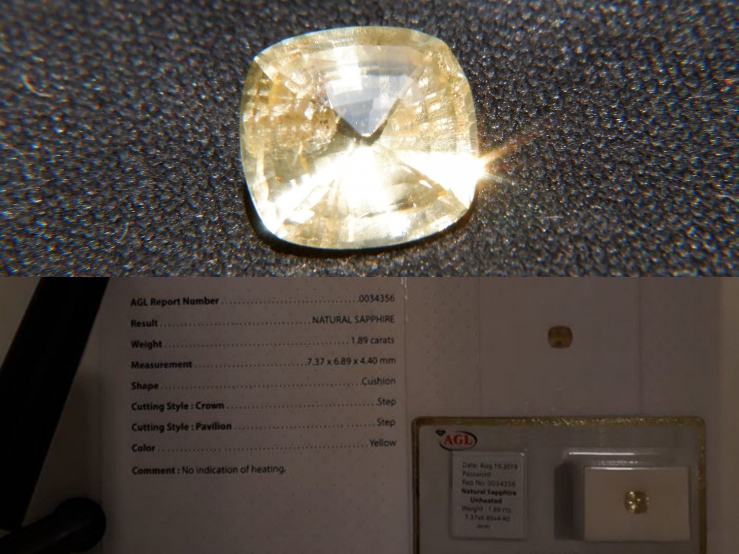 1.89 ct AGL Yellow Sapphire, unheated, premium cut, AGL premium handcrafted without table, cushion c
