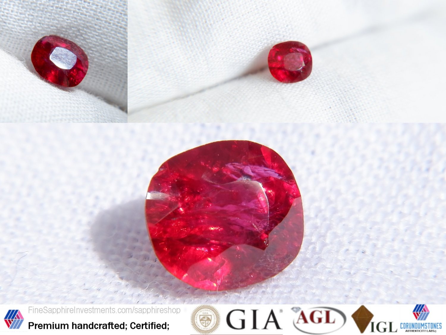 IGL Ruby Vivid Red, unheated, minor flaw, GIA premium handcrafted cushion cut, minor flaw during cut