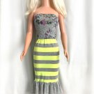 Striped Neon-Yellow Gray Skirt, Gray Top wt flowers for My Size Barbie Doll. New