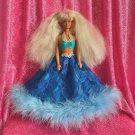 Fashion princess Barbie doll in blue lace dress with feather boa & rhinestones