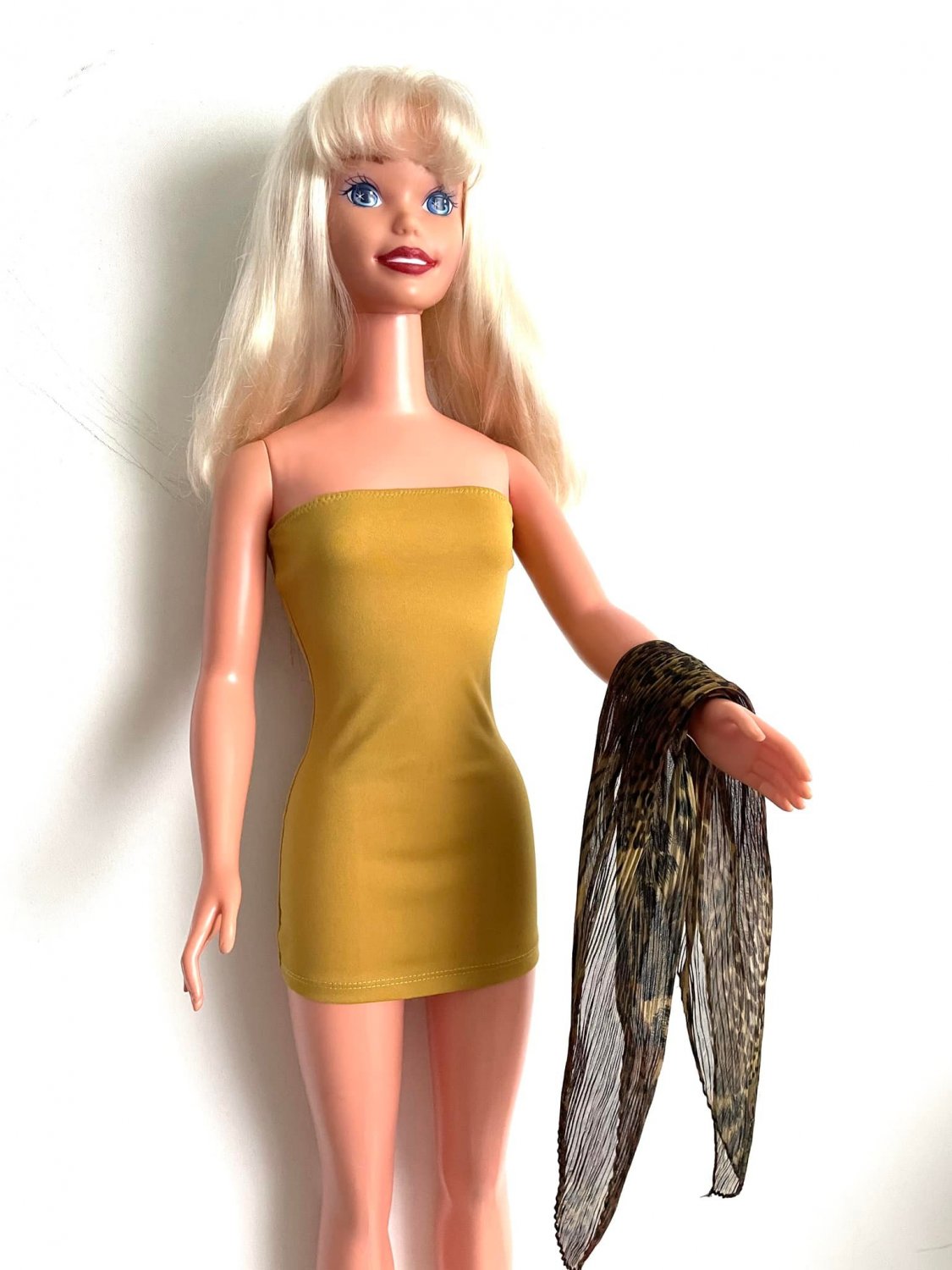 Mustard Yellow Mini Dress for My Size Barbie Doll 36" New. + Animal Print Scarf