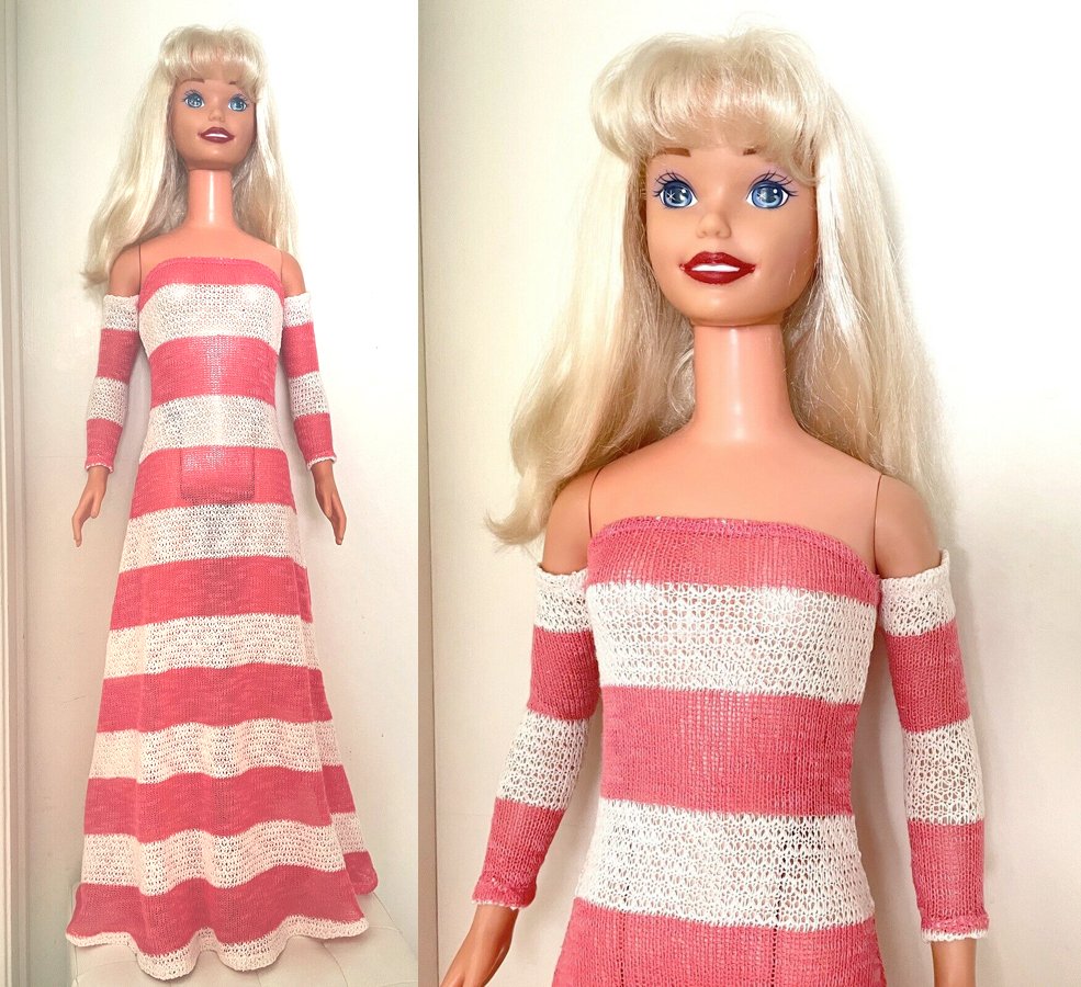 Long Striped Crochet Dress for My Size Barbie Doll. White-pink. New