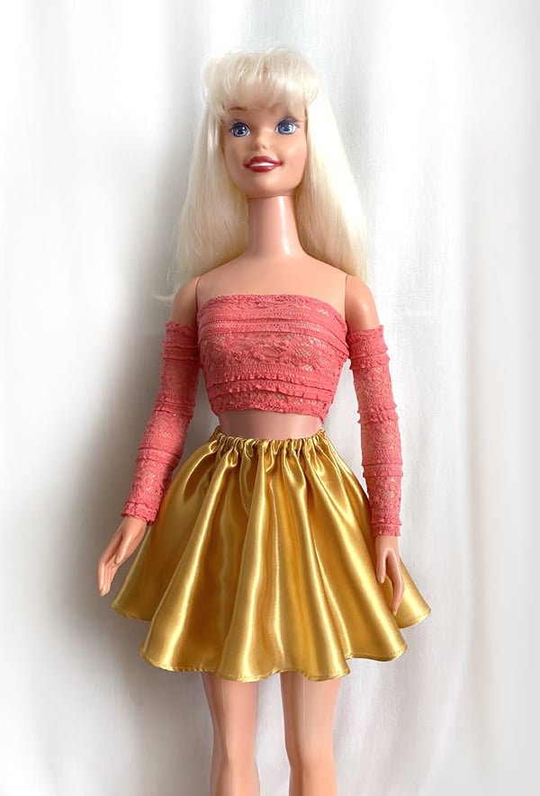 Coral Pink Lace Top & Yellow-Gold Satin Skirt for My Size Barbie Doll New OOAK