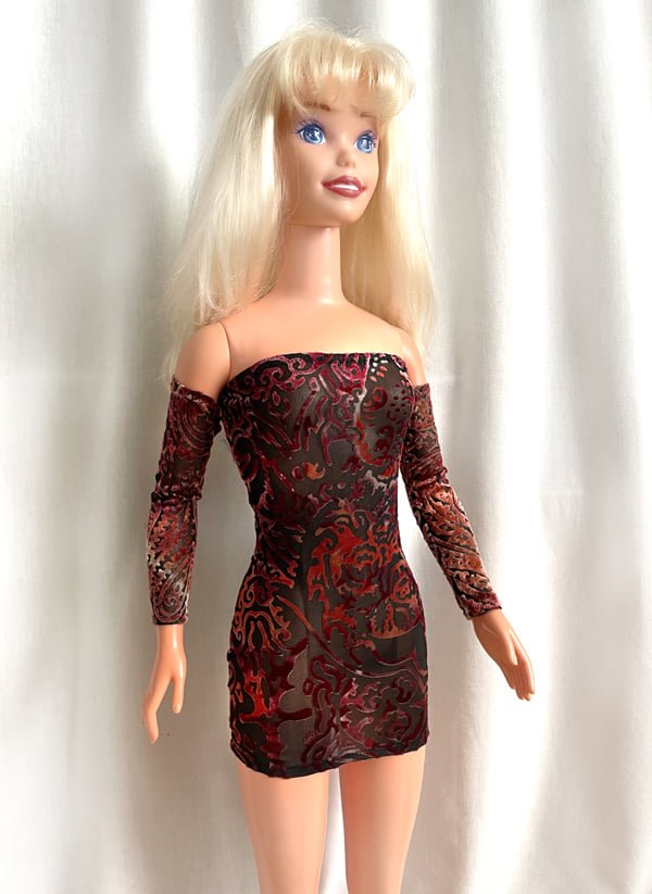 Burgundy-Black Mini Dress for My Size Barbie Doll. New. Velvet-on-polyester