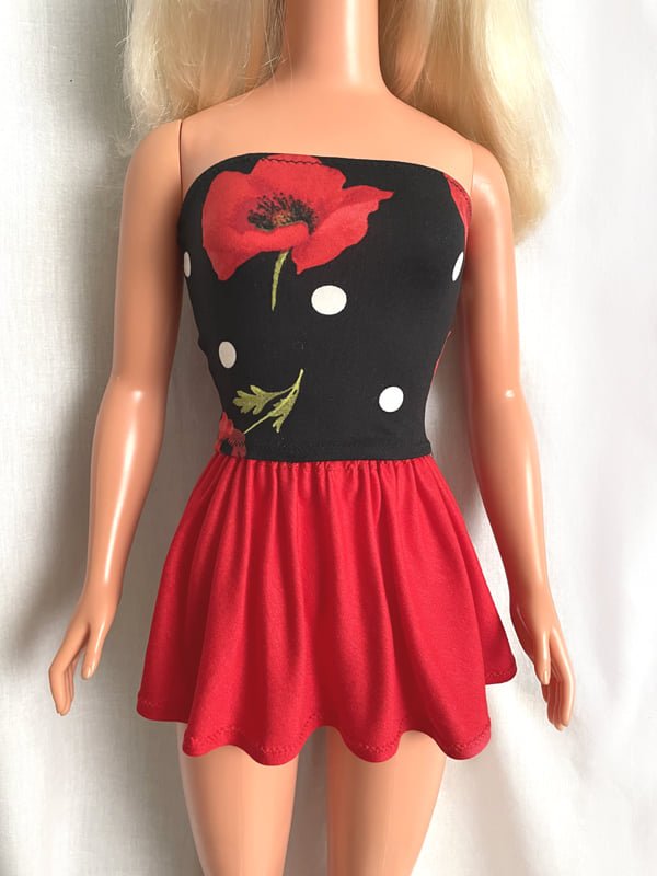 Red Mini Skirt, top with poppies & polka dots, for My Size Barbie Doll. OOAK New