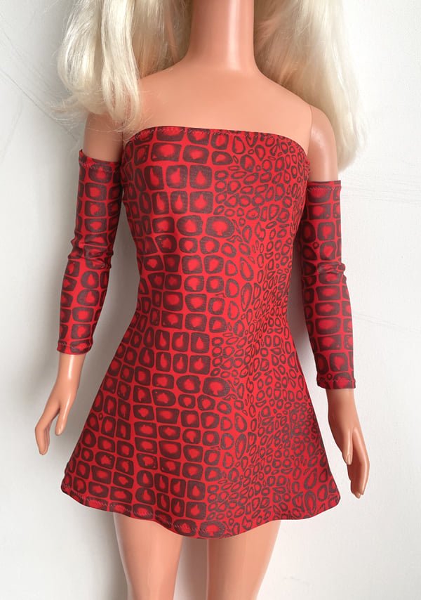 Red Cocktail Dress for My Size Barbie Doll. New. With dark-gray print