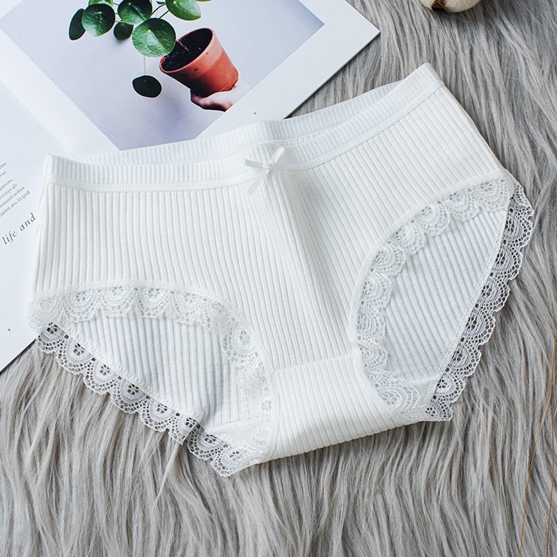 White 3pcs Female Rid fabric lace mid-rise briefs panties