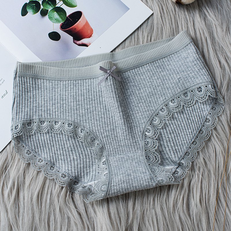 Gray 3pcs Female Rid fabric lace mid-rise briefs panties