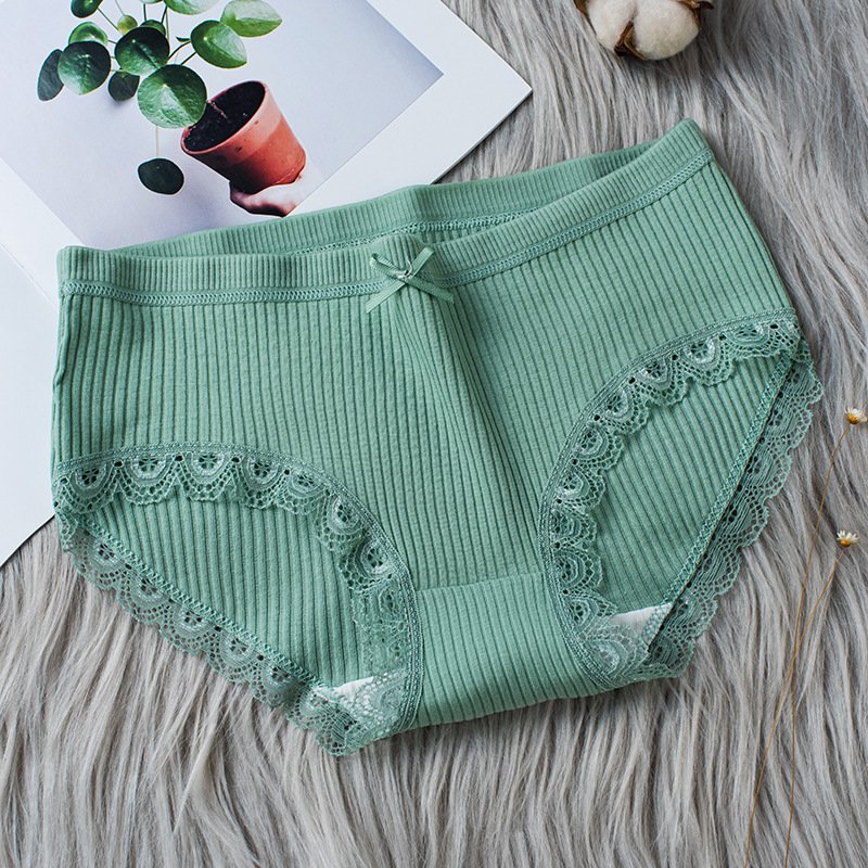 Green 3pcs Female Rid fabric lace mid-rise briefs panties