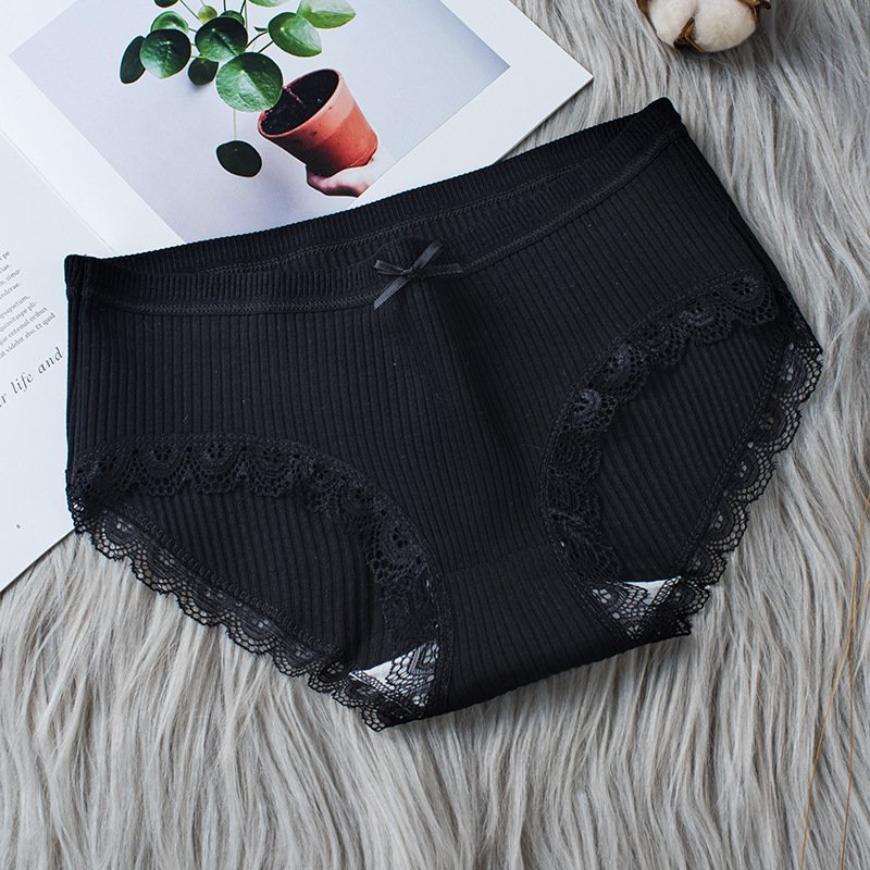 Black 3pcs Female Rid fabric lace mid-rise briefs panties