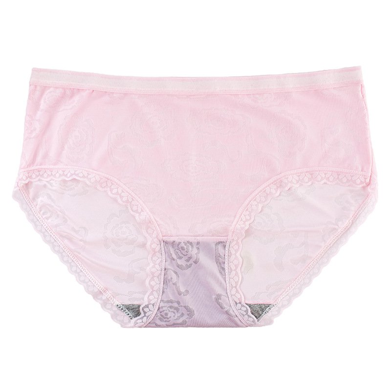 Jacquard Pink 3pcs Female ice silk lace mid-rise briefs panties