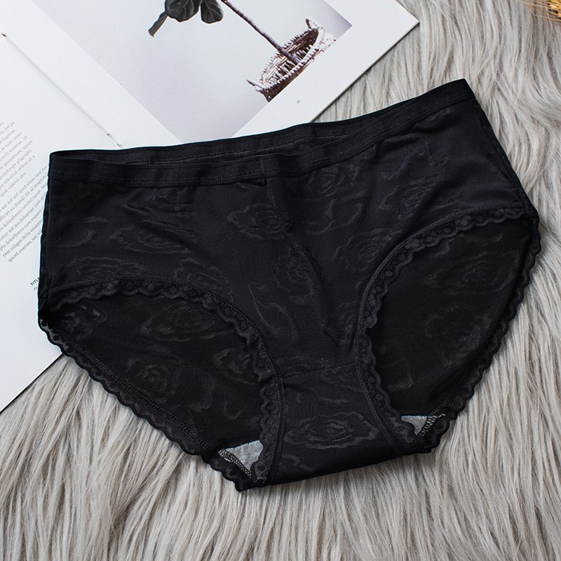Jacquard Black 3pcs Female ice silk lace mid-rise briefs panties
