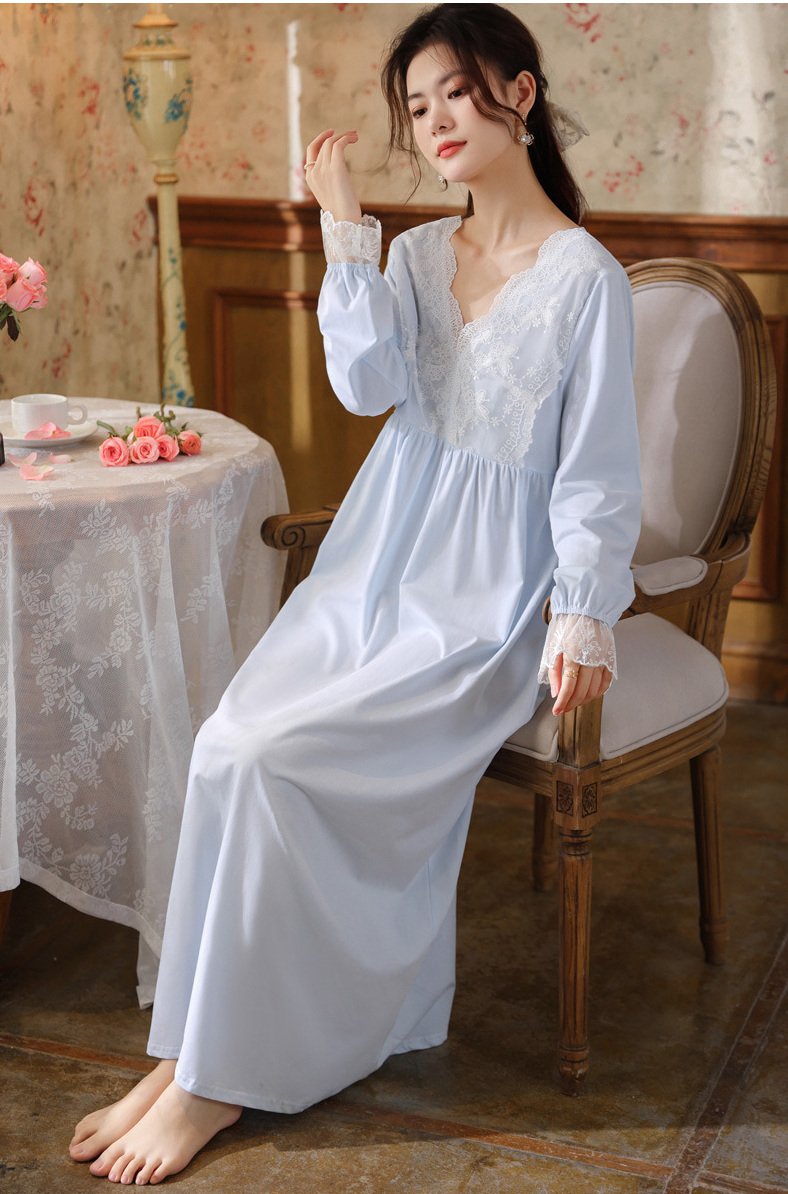 Female cotton blend French V-neck long sleeve sleepwear loungewear Blue #16132