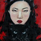 Asian girl with panther . Original oil painting. Wall art