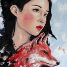 Asian girl with fox . Original oil painting. Wall art