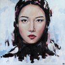 Asian woman with bird . Original oil painting. Wall art
