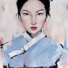 Korean girl with blue hanbok. Wall art. Original painting.