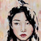Korean woman with bird . Original oil painting. Wall art
