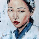 Korean woman in blue hanbok . Original oil painting. Wall art
