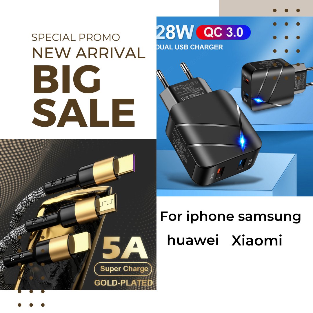 Fast Charging adapter 2 Port 5A interface with cable 3 in 1 For iPhone Samsung Xiaomi Huawei