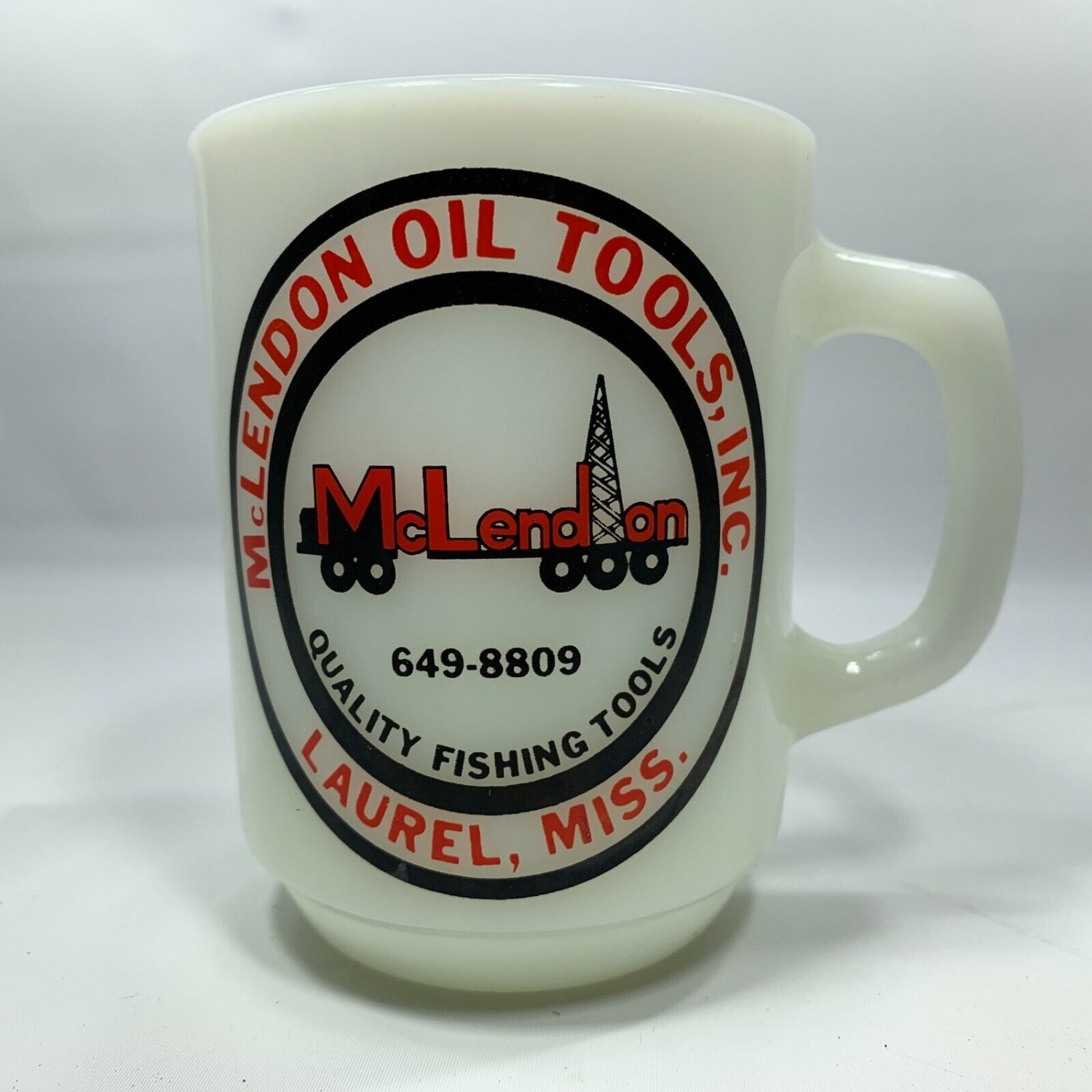 McLendon Oil Tools Laurel Miss Anchor Hocking D Handle Mug Milk Glass Oilfield