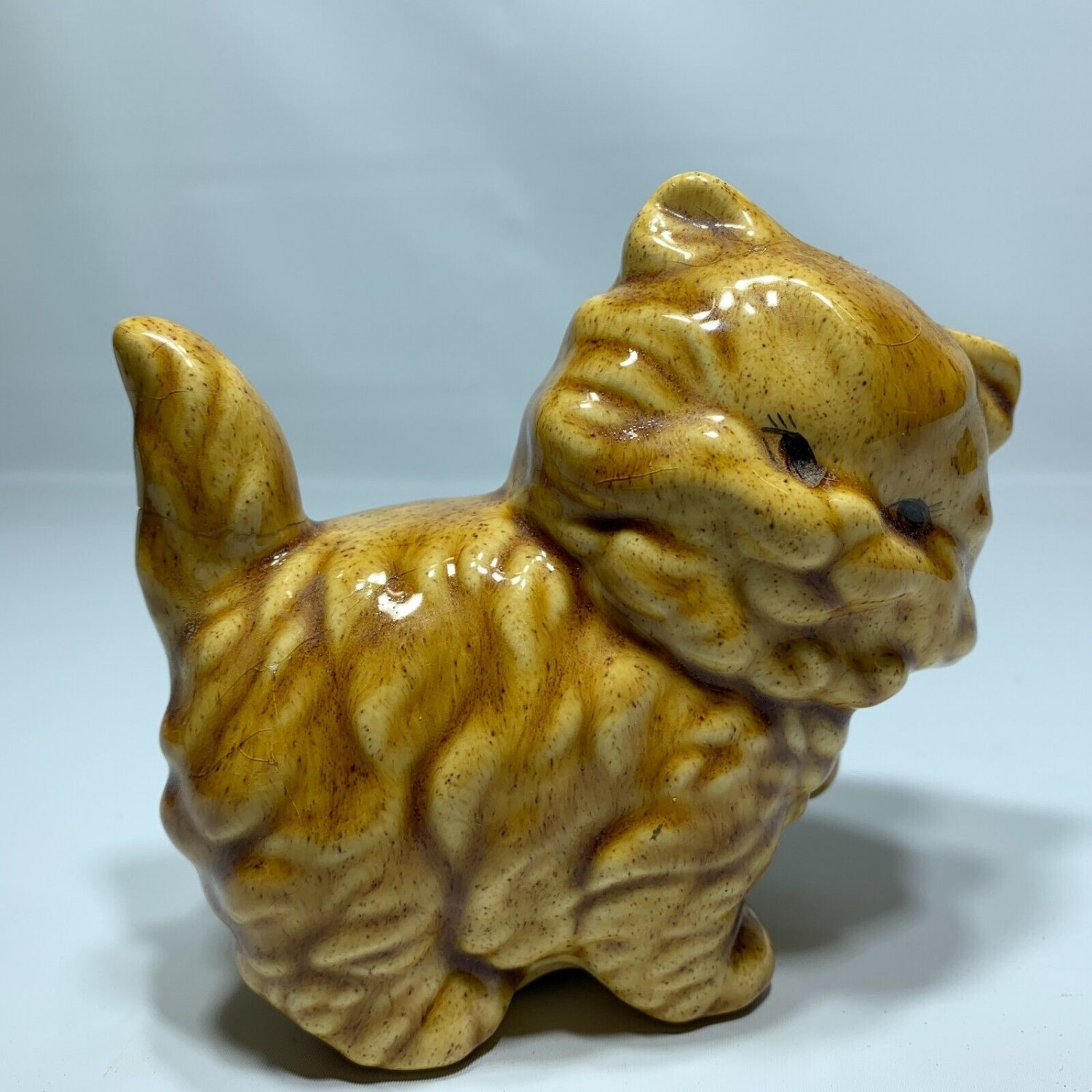 Brown Persian Kitty Cat Kitten Glazed Ceramic Approx 4.5" Crazing Cute Pose