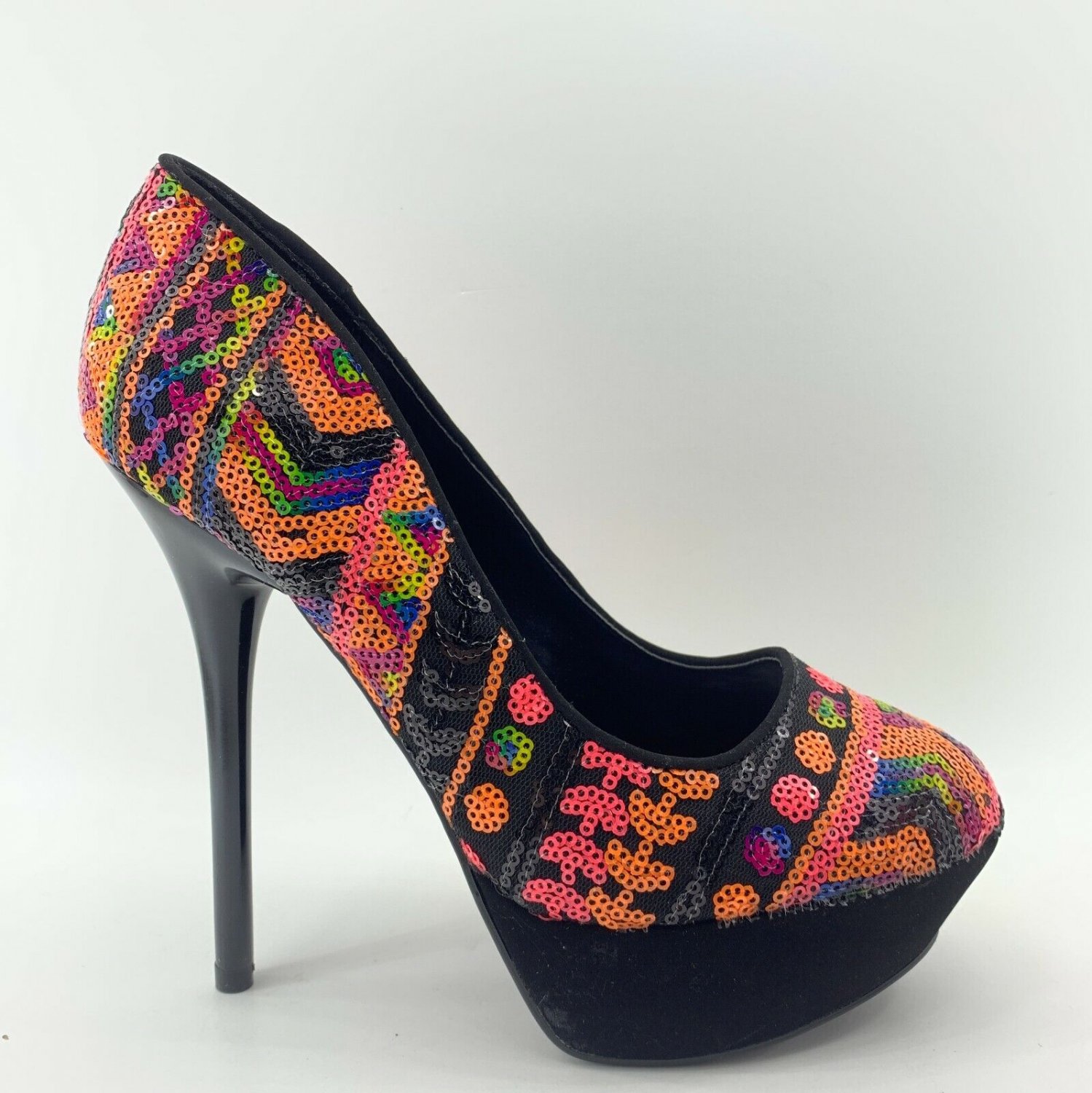Qupid Rainbow Sequined Stiletto Platform Heels Slip On Sexy Womens 7