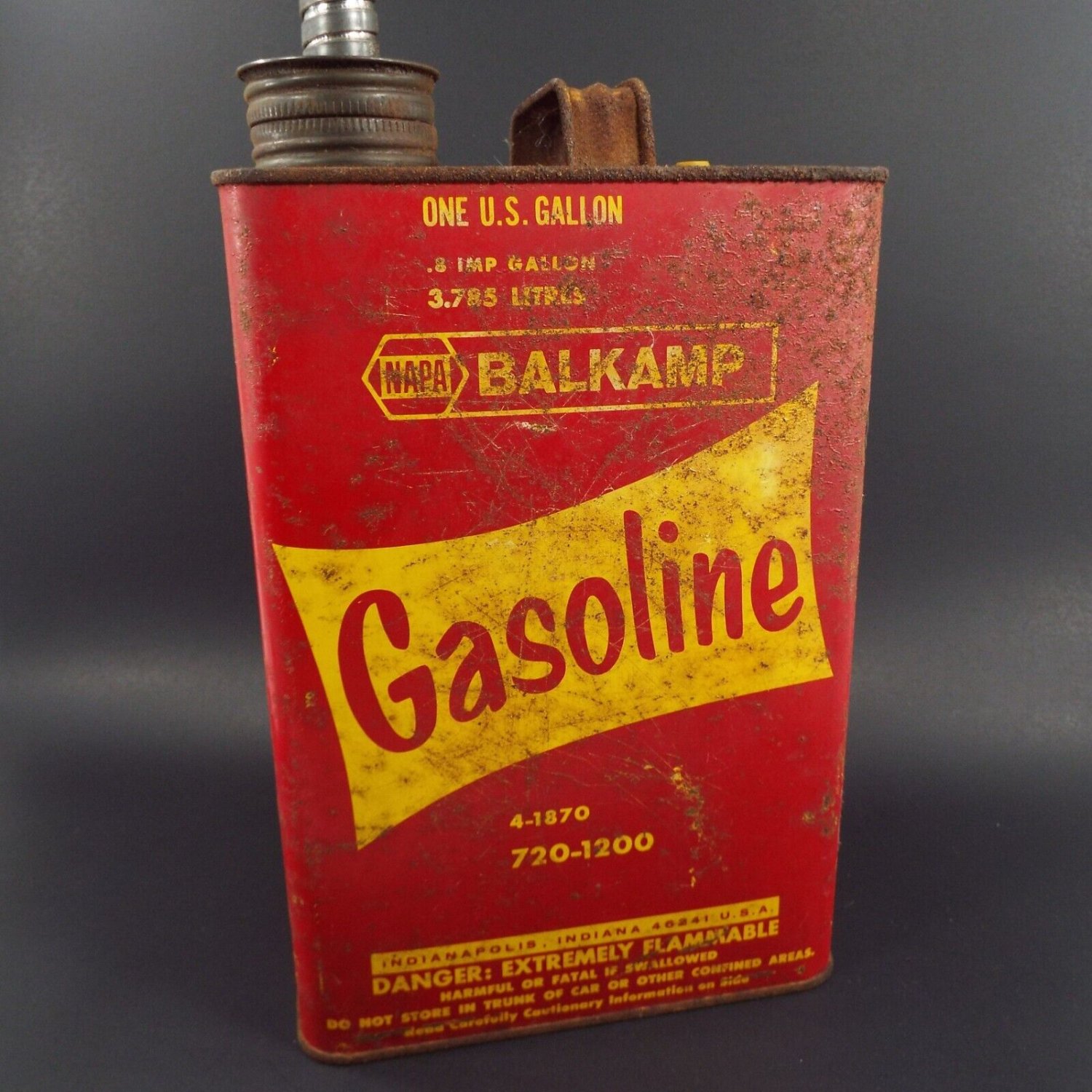 Vintage Napa Balkamp 1 Gallon Gas Metal Fuel Can with Metal Spout
