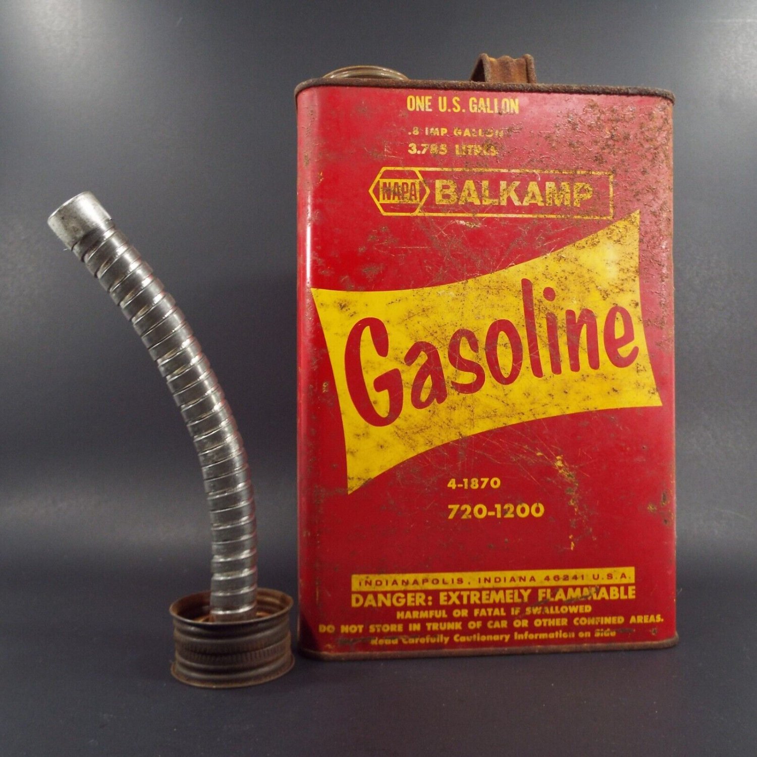 Vintage Napa Balkamp 1 Gallon Gas Metal Fuel Can with Metal Spout