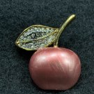 Pink Cherry Fruit Brooch with Bejeweled Leaf Gold Tone