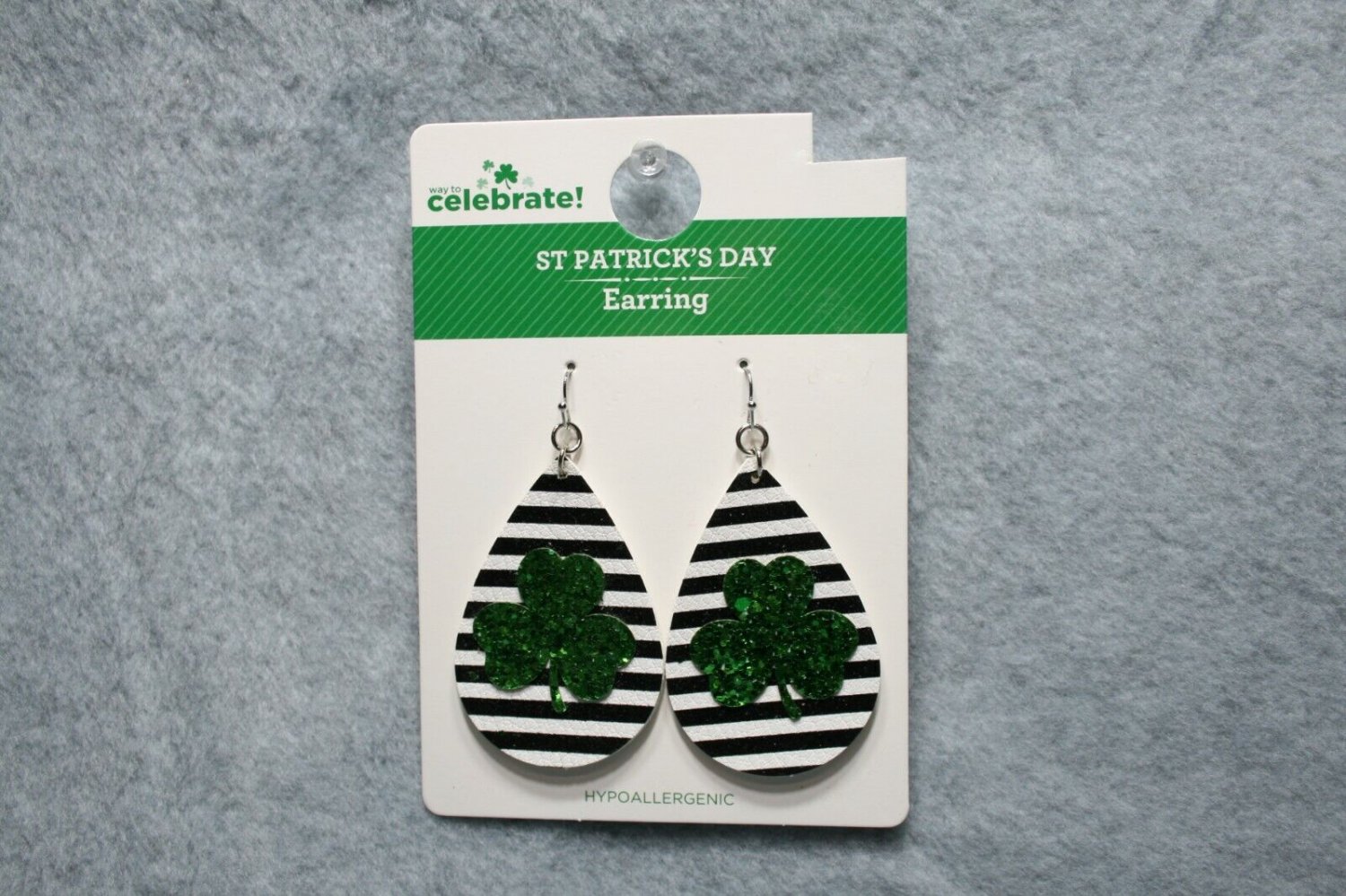 Faux Leather Saint Patrick's Day Earring Set Green Clover Striped Hypoallergenic