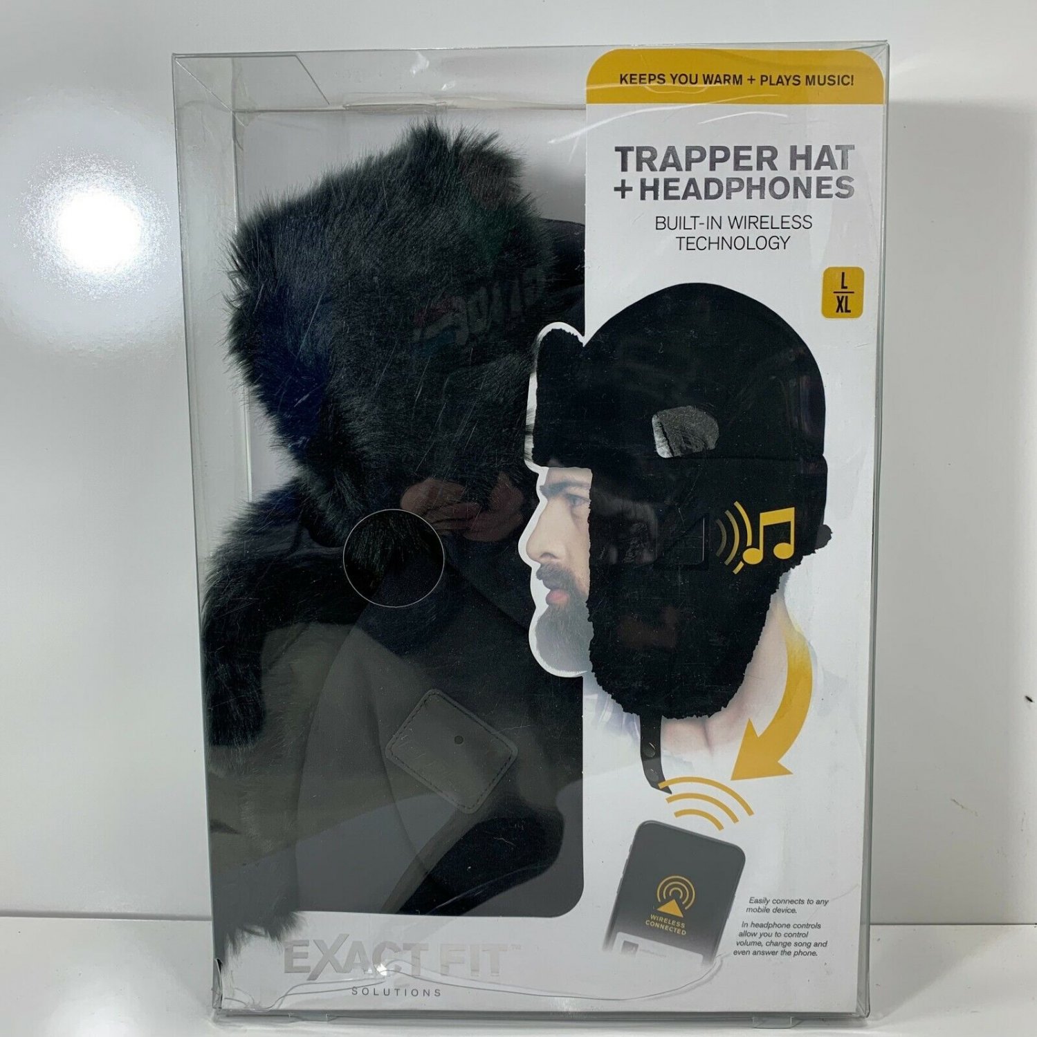 Exact Fit Trapper Hat + Bluetooth Headphones Rechargeable L XL Black Faux Fur