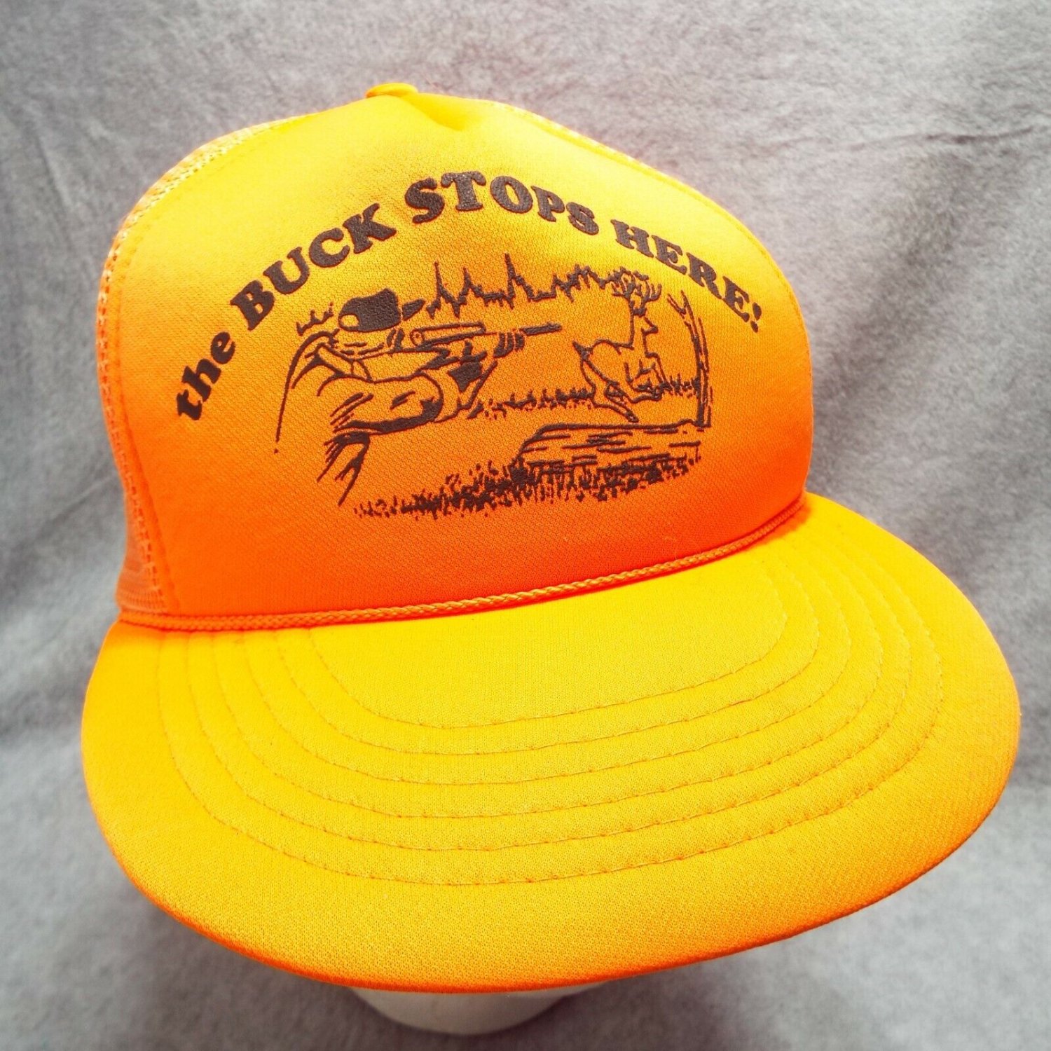 Vintage The Buck Stops Here Deer Hunter Orange Mesh Trucker Foam Snapback