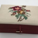 Hand Made Petit Point Floral Bouquet Red Satin Hinged Trinket Jewelry Box