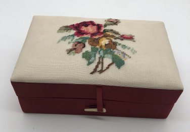 Hand Made Petit Point Floral Bouquet Red Satin Hinged Trinket Jewelry Box