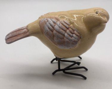 Ceramic Bird with Metal Legs, Bird Sculpture Decor, Pastel Yellow Feathers