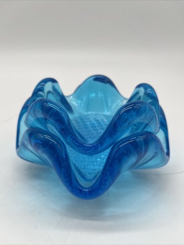 Two Cobalt Blue Hand Blown Swung Glass Nesting Ashtrays Trinket Bowls Vintage