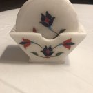 White Round Marble Set of Coasters Lapis Lazuli Inlay Occasional Decor NOTE