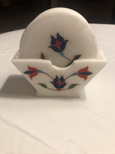 White Round Marble Set of Coasters Lapis Lazuli Inlay Occasional Decor NOTE
