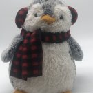 Aurora Pom Pom Penguin Plush Plaid Winter Scarf & Ear Muffs Stuffed Animal 9”