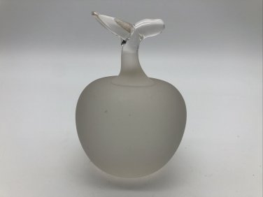 Frosted Glass Apple with Clear Glass Stem and Leaf Paperweight
