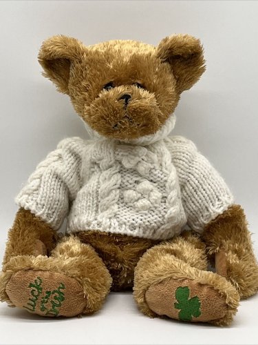 Wishpets Plush Bear MICHAEL Luck of the Irish White Knit Sweater Shamrock Toy 9"