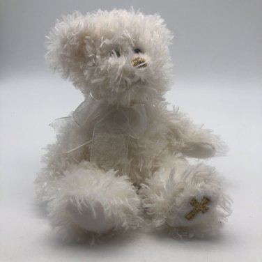 Russ Berrie & Co Faith Plush White Teddy Bear With White Bow Gold Cross 8&acirc;�� CLEAN
