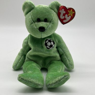 1998 Ty Beanie Baby Kicks the Soccer Bear Push Toy Rare with Errors on Ty Tag