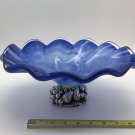 Cobalt Blue Art Glass Fruit Pedestal Bowl With Pewter Fruit Design 12”