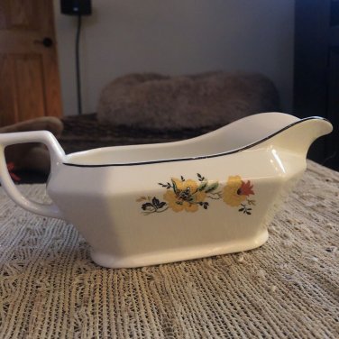 Homer Laughlin China Gravy Sauce Boat Yellow Orange Black Flowers Black Trim USA